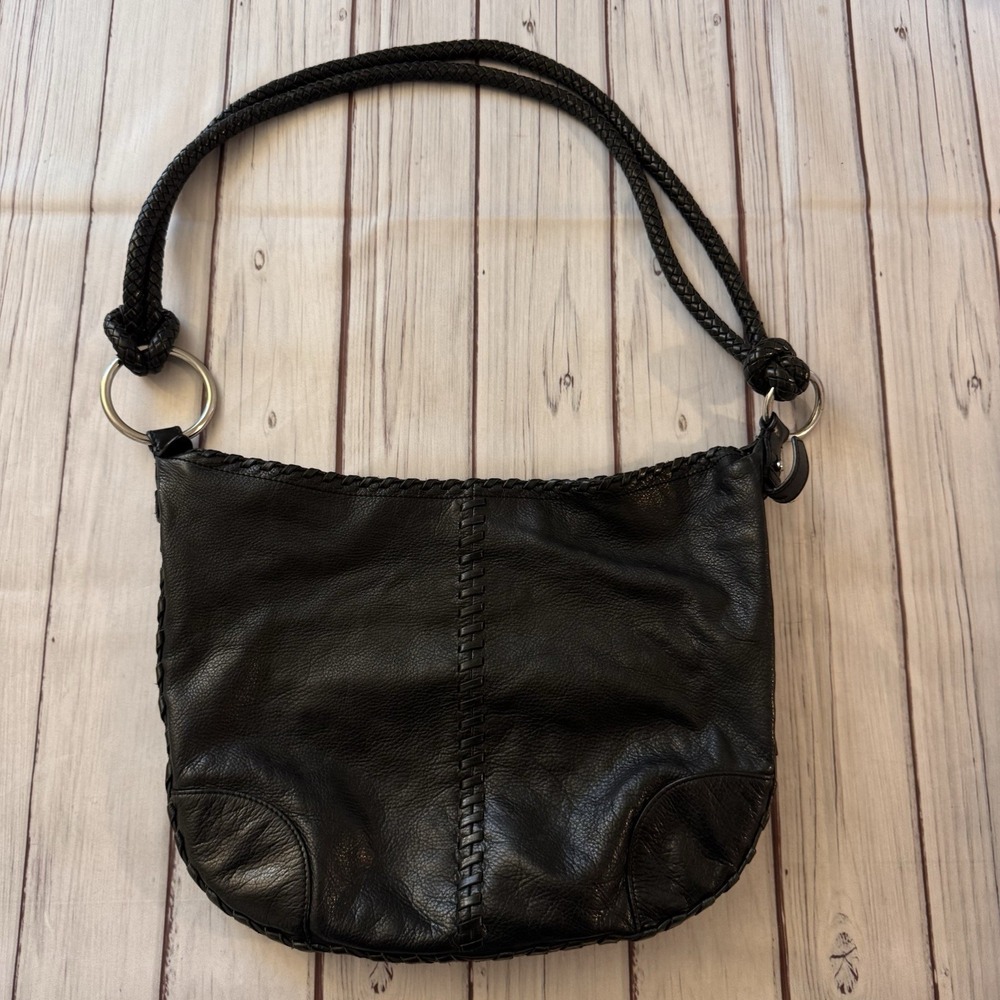 Ralph Lauren Black Leather Braided Strap Hobo Shoulder Bag Whipstitch Rings